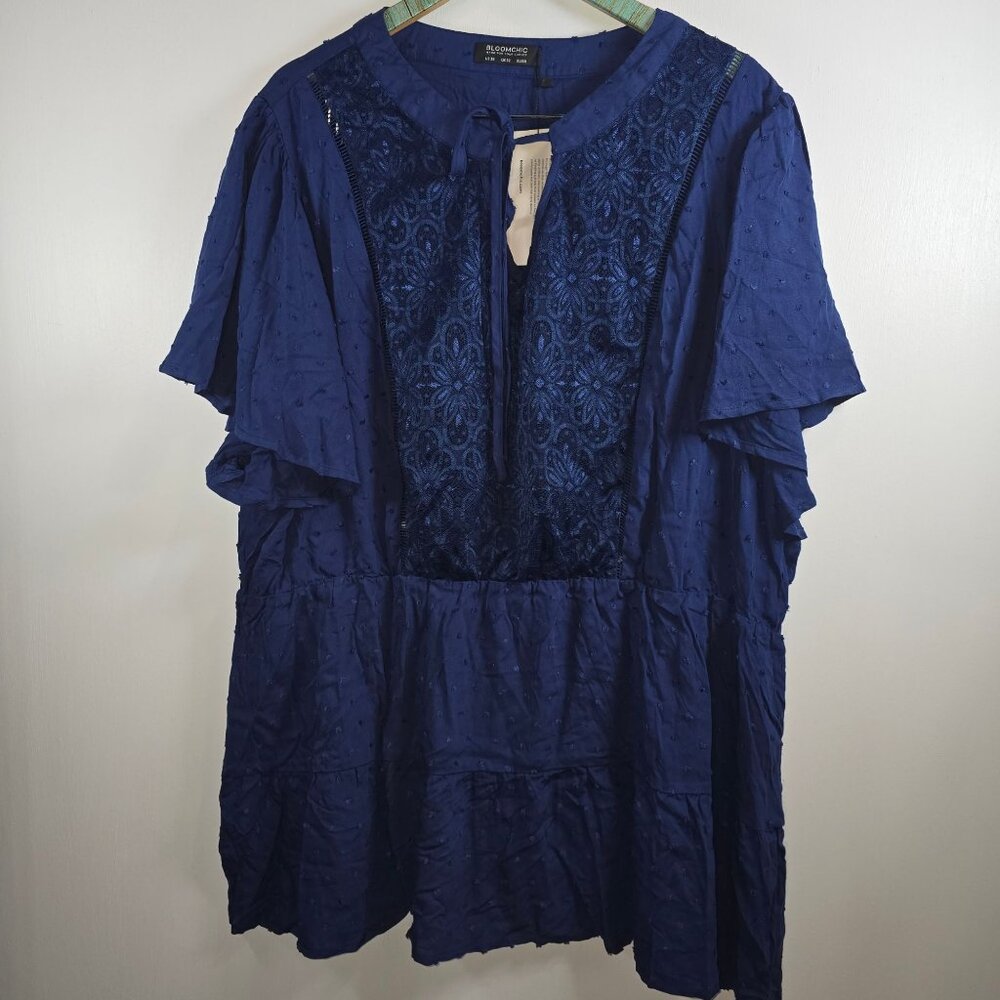 Bloomchic Lace Front, Swissdot, V-Neck Ties, Short Slv, Blouson Top, US 28, NWT